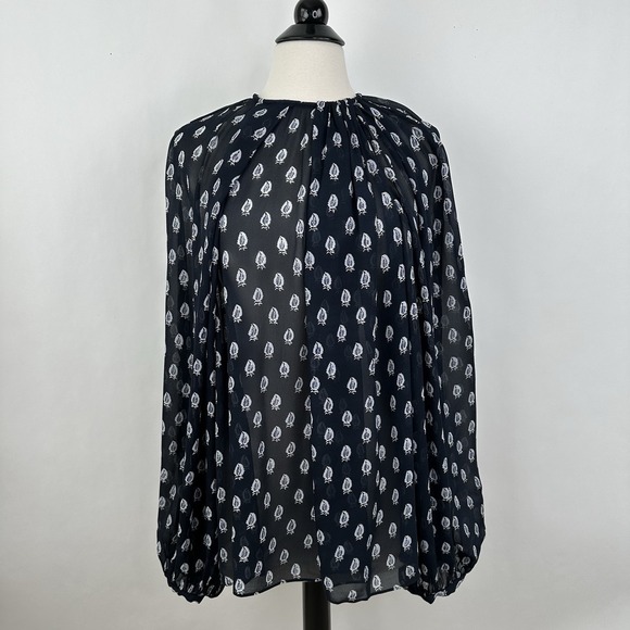 NWT Banana Republic Chiffon Twist Neck Top XXL Navy Blue‎ Paisley Relaxed Blouse - Picture 4 of 16